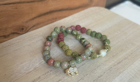 Unakite / Lava Beads Bracelet Set